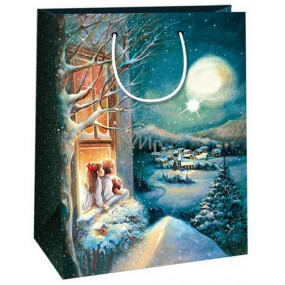 Ditipo Dárková kraftová taška 22 x 10 x 29 cm vánoční krajina, děti v okně