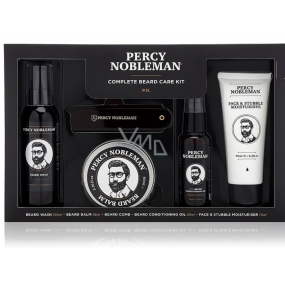 Percy Nobleman Šampón na vousy 100 ml + vyživující olejový kondicionér na vousy s vůní Percy Nobleman 50 ml + balzám na vousy 65 ml + hřeben na vousy a knír + hydratační krém na obličej a vousy 75 ml, sada péče o vousy pro muže