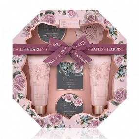 Baylis & Harding Okvětní lístky růže sprchový krém 130 ml + tekuté tělové mýdlo 130 ml + krystalky do koupele 100 g + mýdlo 150 g + tělové máslo 100 ml + žínka, kosmetická sada osmihran