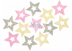 Hvězda dřevěná růžovo-žluto-šedá 4 cm 12 kusů