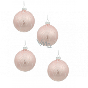 Baňky skleněné růžové s bílými ornamenty 8 cm, 4 kusy v balení