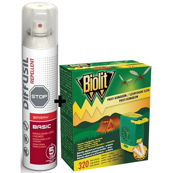 Diffusil Repellent Basic repelent na odpuzování komárů, klíšťat a muchniček sprej 200 ml + Biolit Proti komárům elektrický odpařovač 1 kus + baterie 2 kusy
