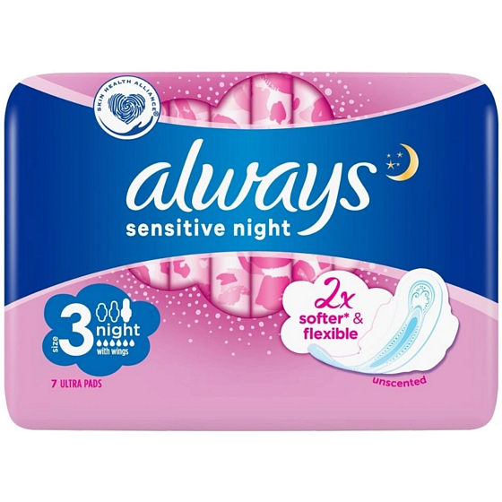 Always Sensitive Ultra Night hygienické vložky s křidélky 7 kusů