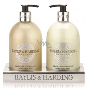 Baylis & Harding Jojoba, Hedvábí a Mandlový olej tekuté mýdlo dávkovač 500 ml + mléko na ruce dávkovač 500 ml, kosmetická sada