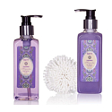 Brubaker Lavender Magnolia sprchový gel 250 ml + perličková lázeň 250 ml + tělové mléko 50 ml + koupelová sůl 100 g + mýdlo 90 g + houba z měkké pěny + dekorativní dárkový koš, 7 dílná fialová kosmetická sada