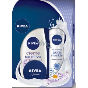 Nivea Pure Invisible antiperspirant deodorant sprej 150 ml + Creme Sensitive sprchový sprchový gel 250 ml + intenzivní krém 30 ml, pro ženy kosmetická sada