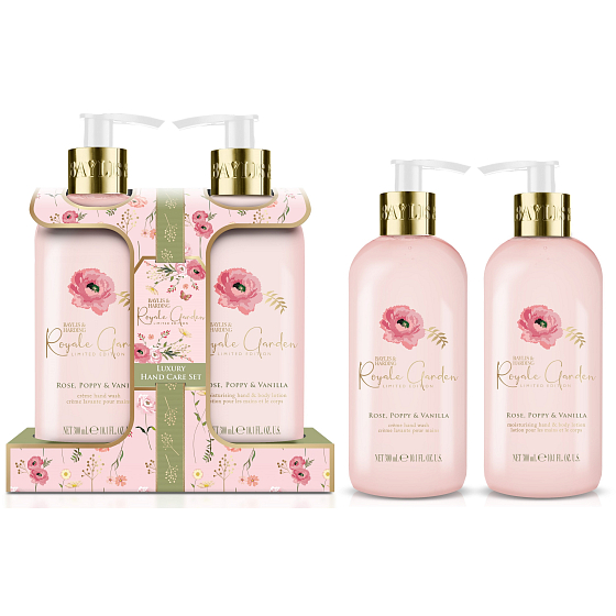Baylis & Harding Růže, Vlčí mák a Vanilka tekuté mýdlo 300 ml + mléko na ruce a tělo 300 ml, kosmetická sada pro ženy
