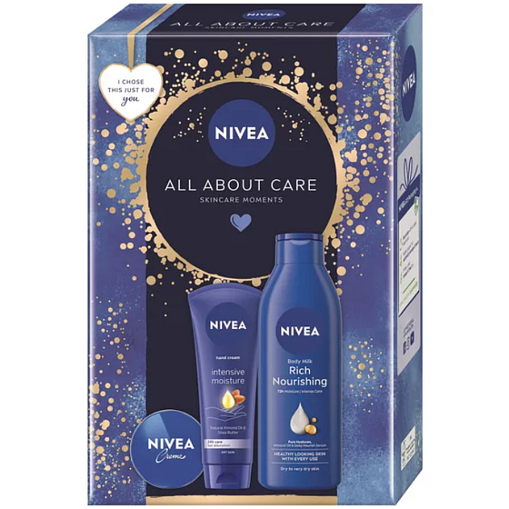 Nivea All about Care Intensive krém na ruce 75 ml + Nivea Rich Nourishing výživné tělové mléko 250 ml + Nivea Creme krém pro základní péči 30 ml, kosmetická sada