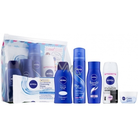 Nivea Cestovní sada pro ženy sprchový gel 50 ml + výživný krém 50 ml + antiperspirant Invisible 100 ml + lak na vlasy 75 ml + šampon Hairmilk 50 ml + ubrousky 7 kusů, kosmetická sada