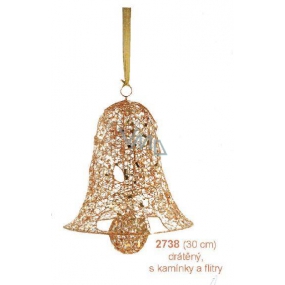 Zvon drátěný, zlatý s kamínky a flitry závěsný 30 cm