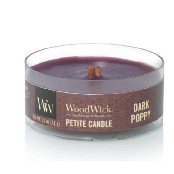 WoodWick Dark Poppy - Vlčí mák vonná svíčka s dřevěným knotem petite 31 g
