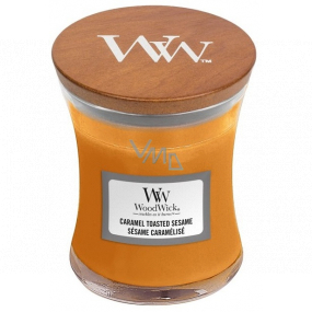 WoodWick Caramel Toasted Sesame - Sezamové sušenky s karamelem vonná svíčka s dřevěným knotem a víčkem sklo malá 85 g