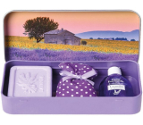 Esprit Provence Levandule toaletní mýdlo 60 g + esenciální olej 12 ml + vonný pytlík + plechová krabička, kosmetická sada pro ženy