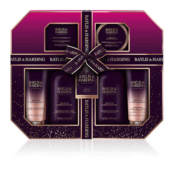 Baylis & Harding Fík a Granátové jablko mycí gel 300 ml + mléko do koupele 300 ml + toaletní mýdlo 150 g + sprchový krém 130 ml + tělové mléko 130 ml + sůl do koupele 100 g, kosmetická sada pro ženy