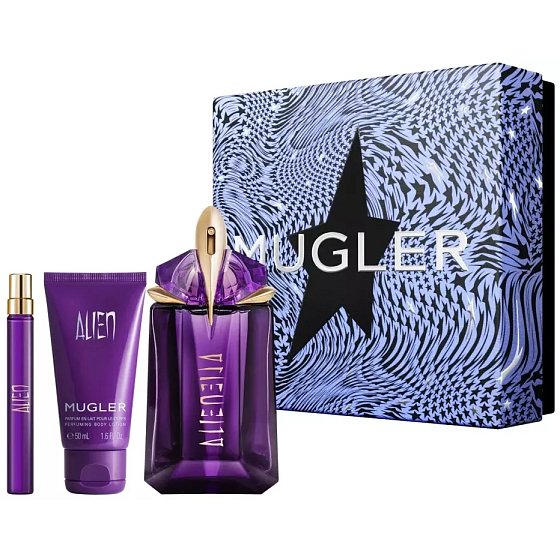 Thierry Mugler Alien parfémovaná voda 60 ml + parfémovaná voda 10 ml miniatura + tělové mléko 50 ml, dárková sada pro ženy