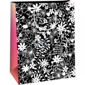 Ditipo Dárková papírová taška 22 x 10 x 29 cm Kreativ černá - bílé květy