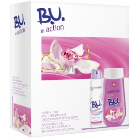 B.U. In Action Pure + Dry antiperspirant deodorant sprej pro ženy 150 ml + Abyssian Oil & Orchid Extract sprchový gel 250 ml, kosmetická sada