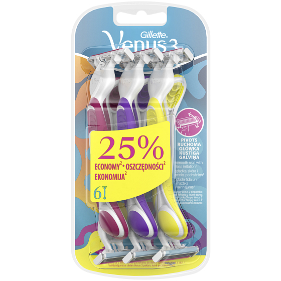Gillette Venus Simply 3 pohotové holítko s lubrikačním páskem 3 barvy, 6 kusů pro ženy