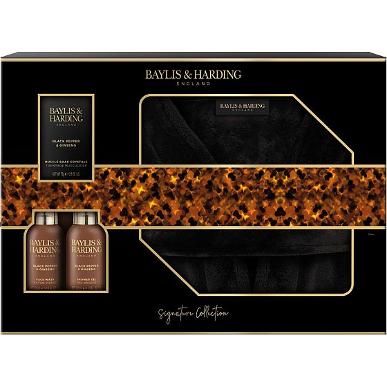 Baylis & Harding Men Černý pepř a Ženšen mycí gel na tělo a vlasy 100 ml + čistící gel na obličej 100 ml + sůl do koupele 75 g + luxusní župan, kosmetická sada pro muže