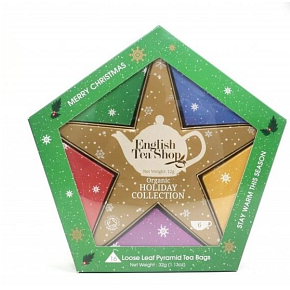 English Tea Shop Bio Holiday Collection Gold Star Bílý čaj, liči a kakao + Sezónní Siesta + Energie na svátky + Osvěžení po oslavách + Máta a meloun + Náboj Chai tea 16 kusů pyramidek čaje, 32 g