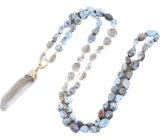 108 Mala Larimar náhrdelník meditační šperk, přírodní kámen surový křišťál, nuget 6 - 9 mm, přívěsek 8 - 15 x 45 - 70 mm