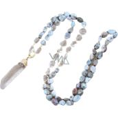 108 Mala Larimar náhrdelník meditační šperk, přírodní kámen surový křišťál, nuget 6 - 9 mm, přívěsek 8 - 15 x 45 - 70 mm
