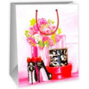Ditipo Dárková papírová taška 26,4 x 13,6 x 32,7 cm bílo růžová - kytka, puntíkové střevíčky