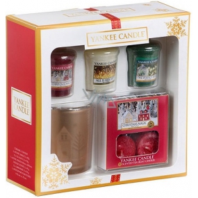 Yankee Candle Vonné votivní svíčky 49 g x 3 kusy - Christmas Magic, All Is Bright, The Perfect Tree + čajová svíčka Christmas Magic 12 kusů + svícen, vánoční dárková sada