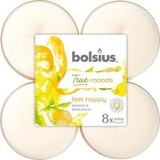 Bolsius True Moods Feel Happy Mango & Bergamot - Mango a bergamot maxi vonné čajové svíčky 8 kusů, doba hoření 8 hodin