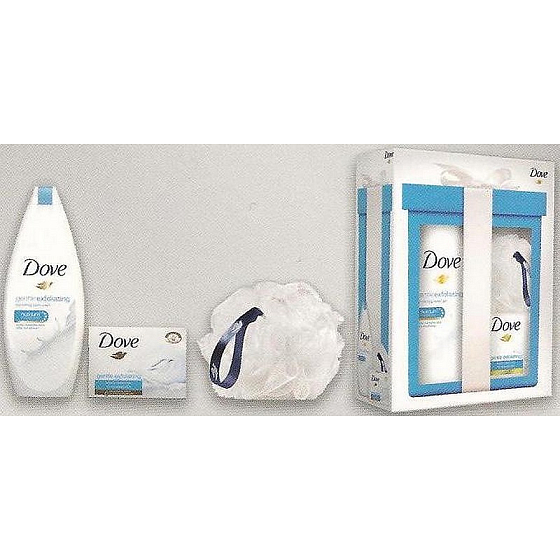 Dove Gentle Exfoliating vyživující sprchový gel 250 ml + Gentle Exfoliating krémová tableta 100 g + houba na mytí, kosmetická sada