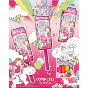 Grace Cole Glitter Fairies kanón s konfetami do koupele 3 x 25 g + barevné pastelky, kosmetická sada pro děti