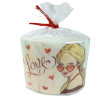 Emocio Láska - Dívka s brýlemi, srdce bílá svíčka elipsa 115 x 53 x 100 mm