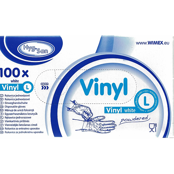 Wimex Rukavice hygienické jednorázové vinylové pudrované bílé, velikost L, box 100 kusů