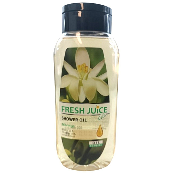 Sprchový olej Fresh Juice Moringa, 400 ml. Jemný olej, který při kontaktu s vodou vytváří bohatou pěnu, čistí pokožku a zanechává ji hydratovanou a vyživenou díky extraktu z moringy.