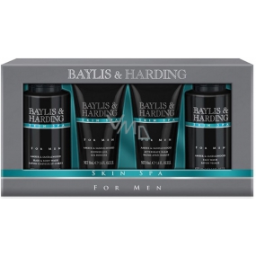 Baylis & Harding Men Jantar a Santalové dřevo tekuté mýdlo na tělo i vlasy 100 ml + mycí gel na obličej 100 ml + balzám po holení 50 ml + sprchový gel 50 ml, kosmetická sada pro muže