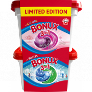 Bonux 3in1 Colors kapsle gelové kapsle na praní barevného prádla + 3in1 Whites gelové kapsle na praní bílého prádla 22 kusů