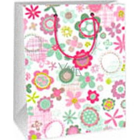 Ditipo Dárková papírová taška 18 x 10 x 22,7 cm bílá růžové a zelené květy