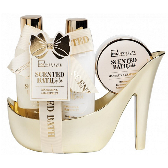 Idc Institute Scented Bath Mandarinka a Grapefruit sprchový gel 180 ml + tělové mléko 180 ml + krém na ruce 50 ml + střevíc, kosmetická sada