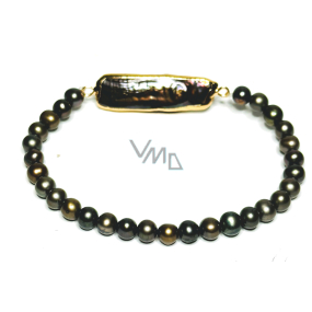 Perla říční černá s ozdobou náramek elastický přírodní, kulička 4-5 mm / 16 - 17 cm, symbol ženskosti, přináší obdiv