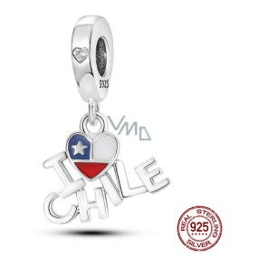 Charm Sterlingové stříbro 925 Chilská vlajka srdce - Miluji Chille - I Love Chile, 2v1 přívěsek na náramek cestování