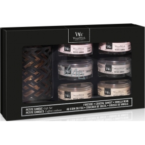 WoodWick Deluxe Coastal Sunset + Fireside + Vanilla Bean vonná svíčka s dřevěným knotem petite 6 x 31 g + svícen, dárková sada