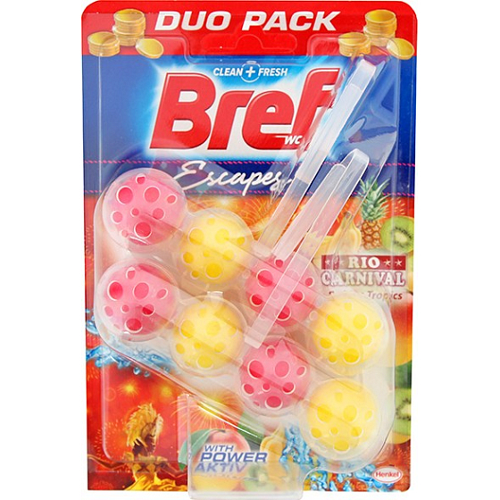 Bref Escapes Power Aktiv 4 Formula Rio Carnival Golden Tropics WC blok pro hygienickou čistotu a svěžest Vaší toalety, zbarvuje vodu 2 x 50 g