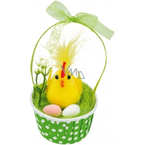 Kuřátko s vejci v zeleném košíku 12 cm