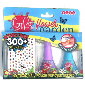 Bo-Po Flower Garden lak na nehty slupovací fialový 2,5 ml + lak na nehty slupovací tmavě zelený 2,5 ml + nálepky na nehty, kosmetická sada pro děti