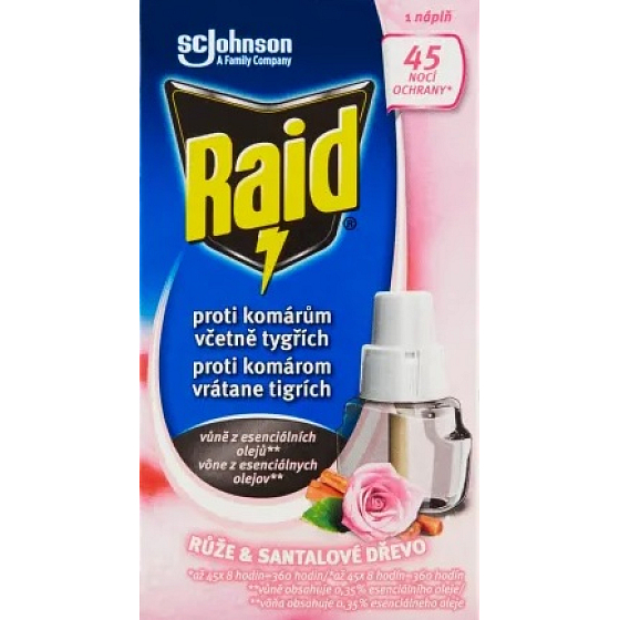 Raid Růže a Santalové dřevo elektrický odpařovač tekutý proti komárům náhradní náplň 45 nocí 27 ml