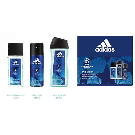 Adidas UEFA Champions League Dare Edition VI parfémovaný deodorant sklo pro muže 75 ml + sprchový gel 250 ml + deodorant sprej 150 ml, kosmetická sada