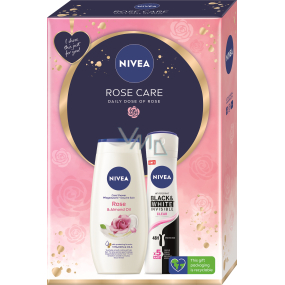 Nivea Rose Care Rose & Almond Oil sprchový gel 250 ml + Invisible Black & White Clear antiperspirant deodorant sprej 150 ml, kosmetická sada pro ženy