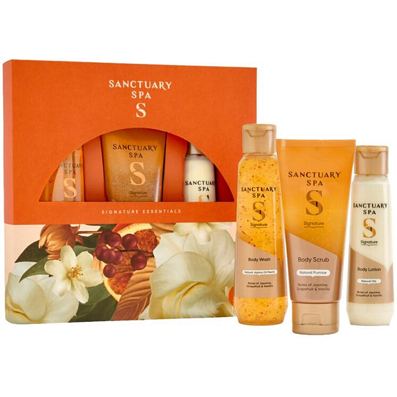 Sanctuary Spa Signature Essentials sprchový gel 150 ml + tělový peeling 100 ml + tělové mléko 100 ml, kosmetická sada pro ženy