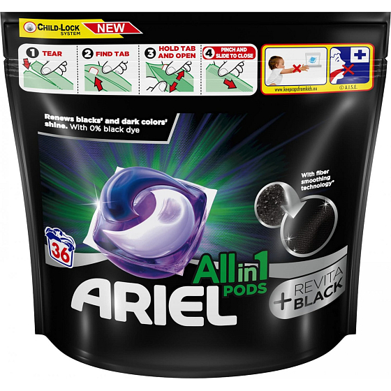 Ariel All in1 Pods Revitablack gelové kapsle pro černé a tmavé prádlo 36 kusů 766,8 g