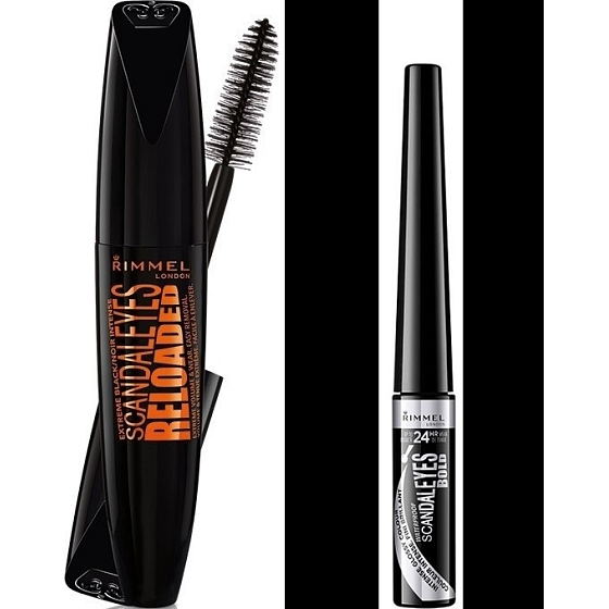 Rimmel London Scandaleyes Reloaded řasenka 003 Extreme Black 12 ml + Scandaleyes Bold voděodolné oční linky 001 Black 2,5 ml